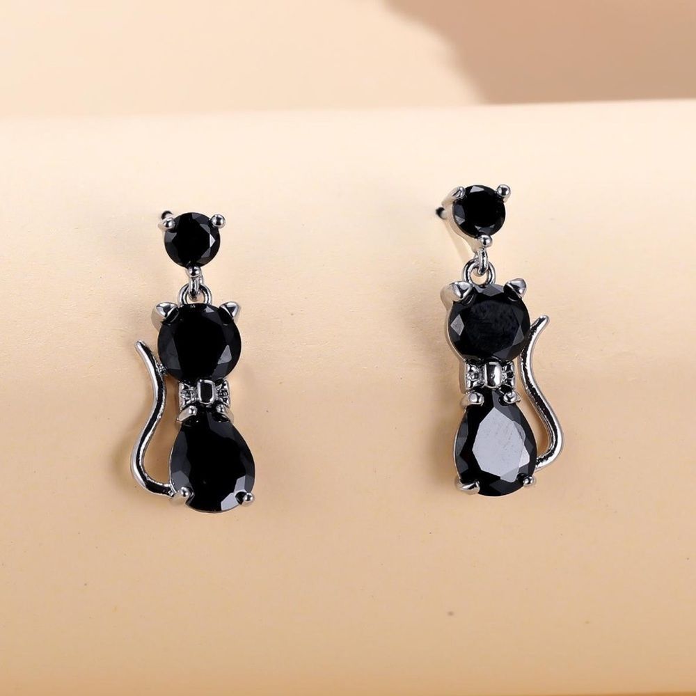 - Silvertone Black Crystal Post Back Drop Cat Earrings 24$